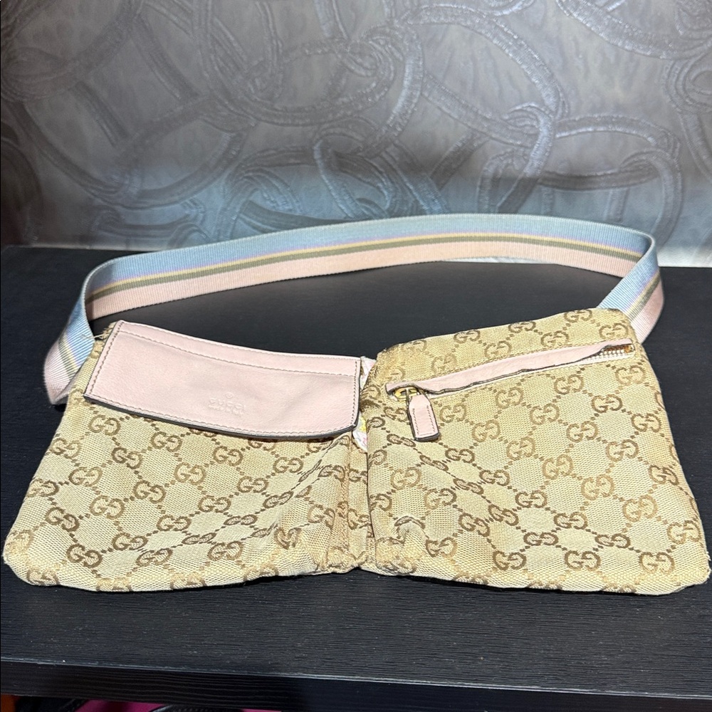 Authentic Gucci Beige GG Canvas Belt Bag with Pink Leather Trim and Pastel Strap